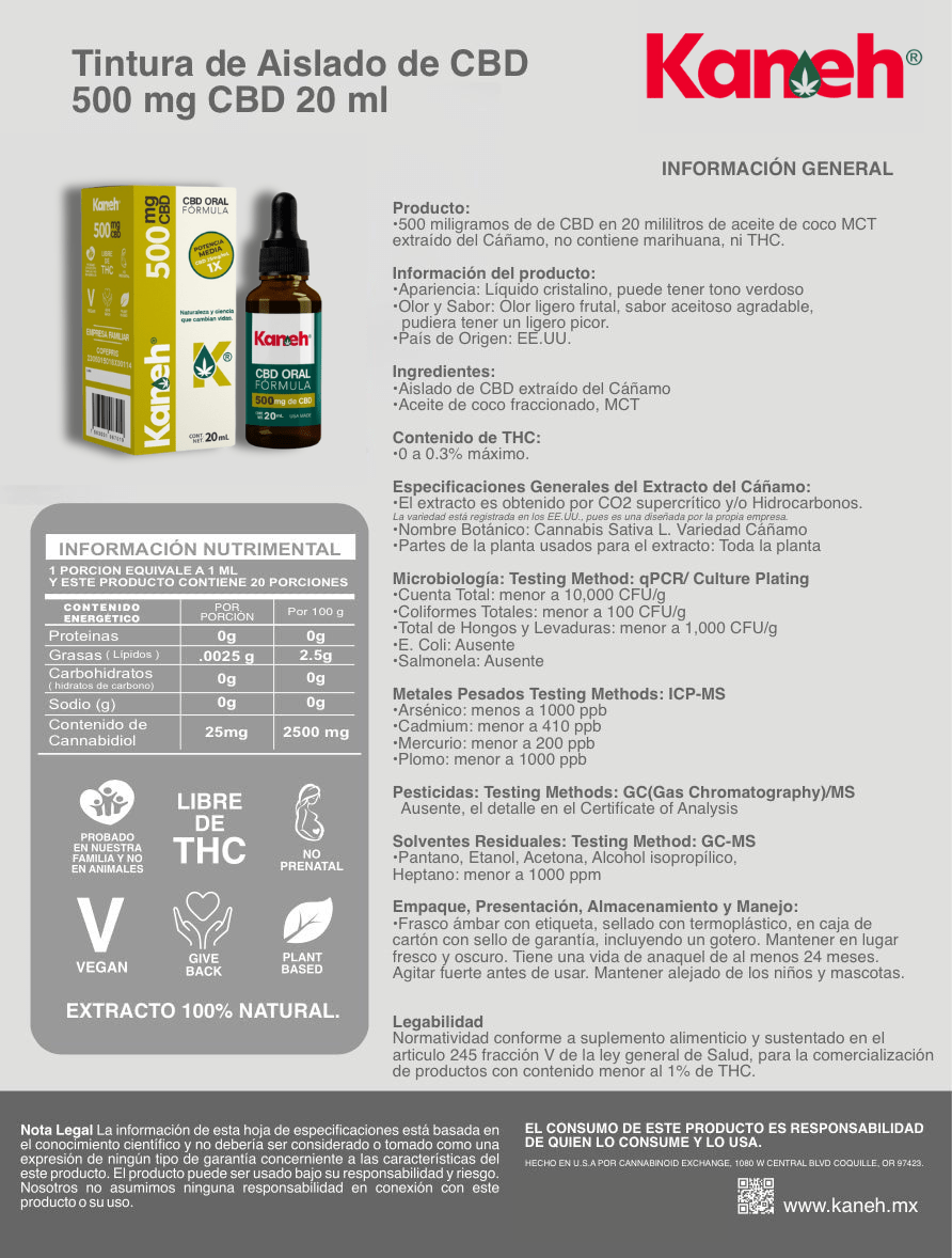 Aceite de CBD aislado 500 mg en 20 ml.